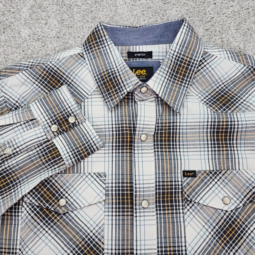 Lee Mens Reg Fit Stretch Western Pearl Snap Plaid Shirt White‎ Black Tan M NWOT